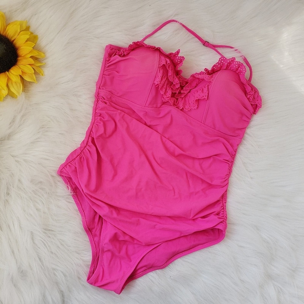 Rae pink lace‎ ruffle front one-piece swimsuit